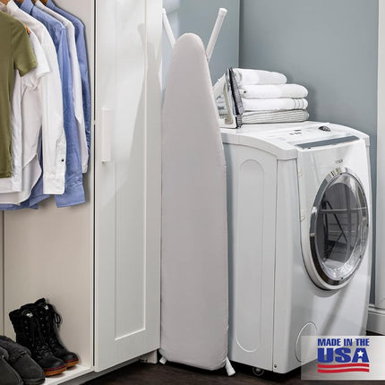 Tabla de planchar de tamaño completo fabricada en EE. UU. por Seymour Home Products (Gris claro) | Incluye funda y acolchado | Tabla de planchar con 4 patas de acero para soporte adicional | Cuenta con parte superior perforada para el flujo de vapor