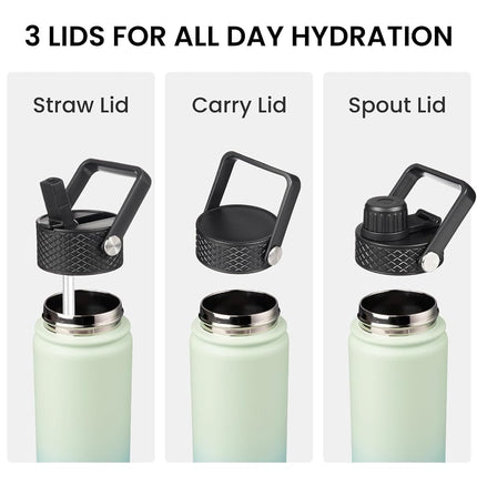 Konokyo Insulated Water Bottle with Straw,22oz 3 Lids Metal Bottles Stainless Steel Water Flask,Mint