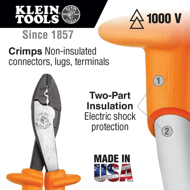 Klein Tools 1005-INS Insulated Cutting/Crimping Tool for 10 to 22 AWG Wire with Wire Cutter in Nose, Made in USA, 1000-Volt Rating