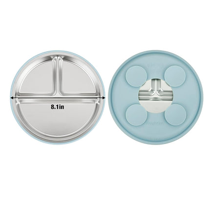 PandaEar 3 Pack Stainless Steel Baby Suction Plates, Divided Toddler Plate for Baby Led Weaning Supplies, Non-Slip Toddler Baby Feeding Set Dishwasher Safe (Blue/Green/Brown)