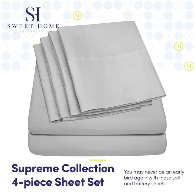Sweet Home Collection Quality Deep Pocket Bed Sheet Set-2 Extra Pillow Cases, Value, Twin XL, Silver, 4 Piece