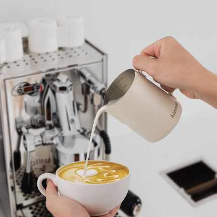 Milk Frothing Pitcher, 350ml/12oz Steaming Pitchers Stainless Steel Milk Coffee Cappuccino Latte Art Barista Steam Pitchers Milk Jug Cup with Decorating Art Pen, Matte White