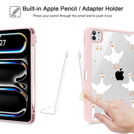 May Chen for iPad Pro 13 Inch Case M5 2025 / M4 2024, Built Pencil Holder & Clear Transparent Print Back Shell Slim Stand Shockproof Tablet Cover, Auto Wake/Sleep, Goose Flower
