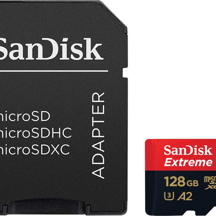 SanDisk 128GB Extreme PRO microSDXC card + SD adapter + RescuePro Deluxe, up to 200 MB/s, with A2 App Performance, for smartphones, action cameras or drones UHS-I Class 10 U3 V30