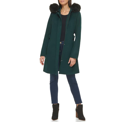 Cole Haan Women's Hooded Coat Slick Wool with Detatchable Faux Fur Trim, Forest, 12