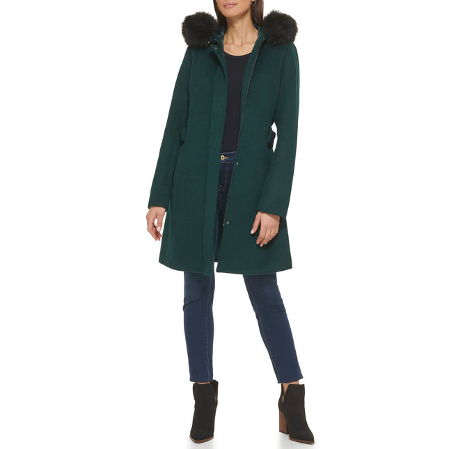 Abrigo con capucha para mujer Cole Haan de lana, con ribete de piel sintética desmontable, Forest, 12
