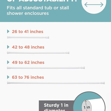Zenna Home Tension Shower Curtain Rod, White, 26" to 76" Inches – Premium Adjustable Shower Curtain Rod for Bathroom, Easy No Drill Install – Rust Resistant Spring Tension Shower Curtain Pole