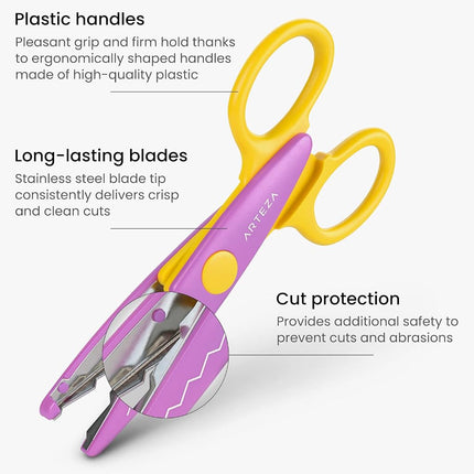Arteza Kids Decorative Scissors, Set of 12 Different Patterns, 5.5 Inches, Craft Scissors with Patterns, School Supplies and Scrapbooking Supplies for Teachers, Students, and Hobbyists