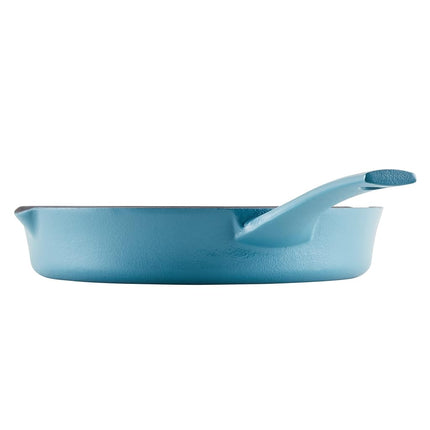 Rachael Ray Nitro Cast Iron Fryin Pan/Skillet with Helper Handle and Pour Spouts, 12 Inch - Agave Blue