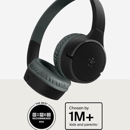 Belkin SoundForm Mini Kids Wireless Headphones w/Built-in Microphone, 30H of Playback Time, Fun Stickers, & Case - Over-Ear Headsets for Online Learning, School, iPhone, iPad, Galaxy, & More - Black