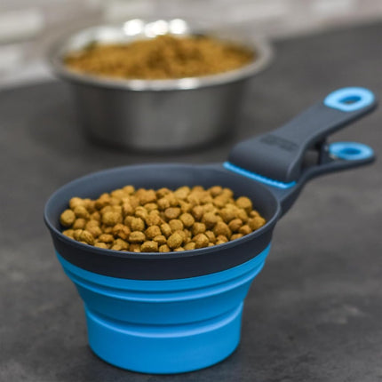 Dexas Pets Collapsible KlipScoop Collapsible Dry Dog Food Scoop and Dog Food Bag Clip, 1/2 Cup Capacity, Pro Blue