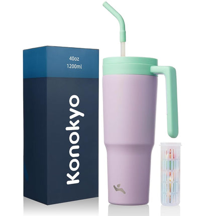 Vaso térmico Konokyo con asa y pajita, botella de agua de acero inoxidable al vacío de 40 oz, taza de viaje de metal con difusor de frutas, morado