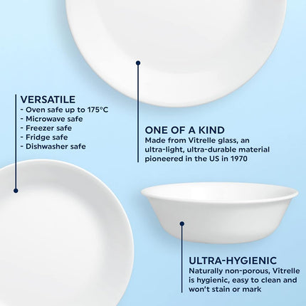 CORELLE Dinner Set (12-Piece, Winter Frosted White) for 4, 4 Dinner Plates, Dessert Plates and Bowls, 3 Times More Durable, Half the Space and Weight of Ceramic, Up to 80%