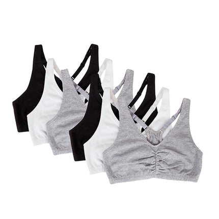 Fruit of the Loom Women's Adjustable Shirred Front Racerback Sports Bra Multi Packs, Heather Grey/White/Black/Heather Grey/White/Black 6-Pack, 32