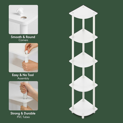 Furinno TURN-N-TUBE Corner Shelf Set of 2, 5-Tier Corner Bookshelf, Open Storage Shelves, for Organization and Storage, Living Room, Home Office, Garage, White