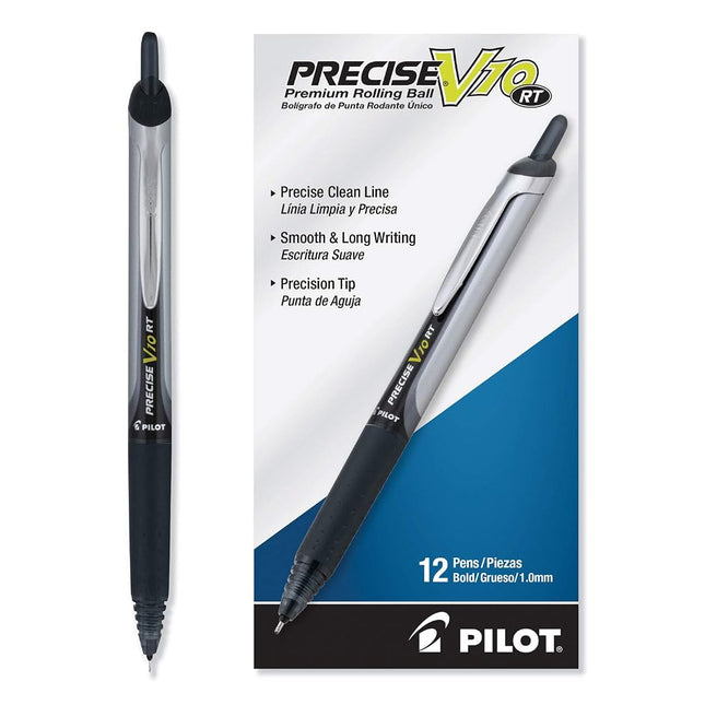 Pilot, Precise V10 RT Refillable & Retractable Rolling Ball Pens, Bold Point 1 mm, Blue, Pack of 12