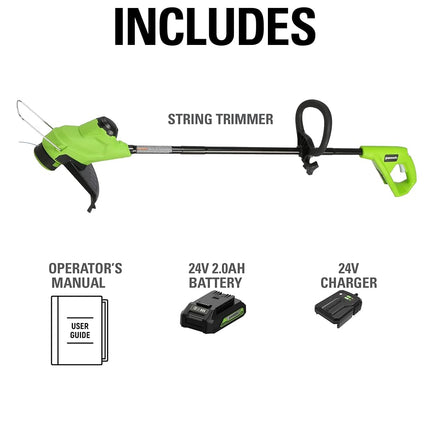 Greenworks 24V 10" Cordless TORQDRIVE� String Trimmer, 2.0Ah Battery and Charger Included