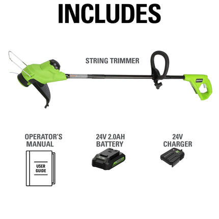 Coupe-bordures sans fil Greenworks 24 V 25 cm TORQDRIVE®, batterie 2,0 Ah et chargeur inclus