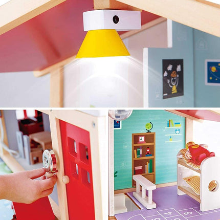 Sustainable Wood Toy, Hape Doll Family Mansion Playset With 4 Figures, 6 Rooms, 2 Balconies, 7 Room Sets and Barbecue. 3 years +