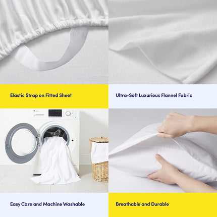 Sweet Home Collection Flannel Sheets Warm and Cozy Deep Pocket Breathable All Season Bedding Set with Fitted, Flat and Pillowcases, Queen, White