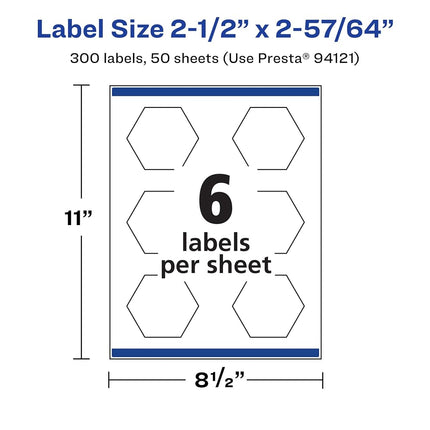 Avery Durable Waterproof Hexagon Labels with Sure Feed, 2-1/2" x 2-57/64", 300 Oil and Tear-Resistant Waterproof Labels, Print-to-The-Edge, Laser/Pigment-Based Inkjet Printable Labels