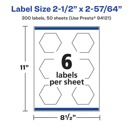 Avery Durable Waterproof Hexagon Labels with Sure Feed, 2-1/2" x 2-57/64", 300 Oil and Tear-Resistant Waterproof Labels, Print-to-The-Edge, Laser/Pigment-Based Inkjet Printable Labels