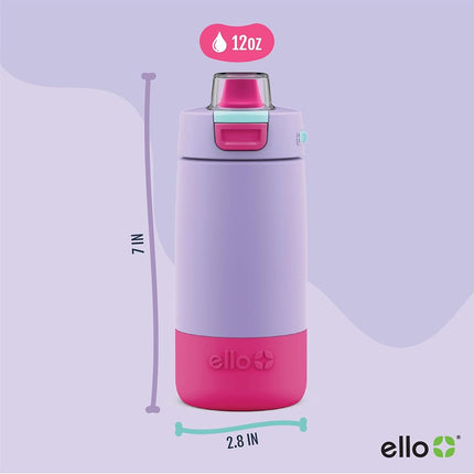 Ello Kids Colby 12oz Stainless Steel Insulated Water Bottle with Straw and Built-In Silicone Coaster Carrying Handle and Leak-Proof Locking Lid for School Backpack, Lunchbox, and Outdoor Sports, Lilac