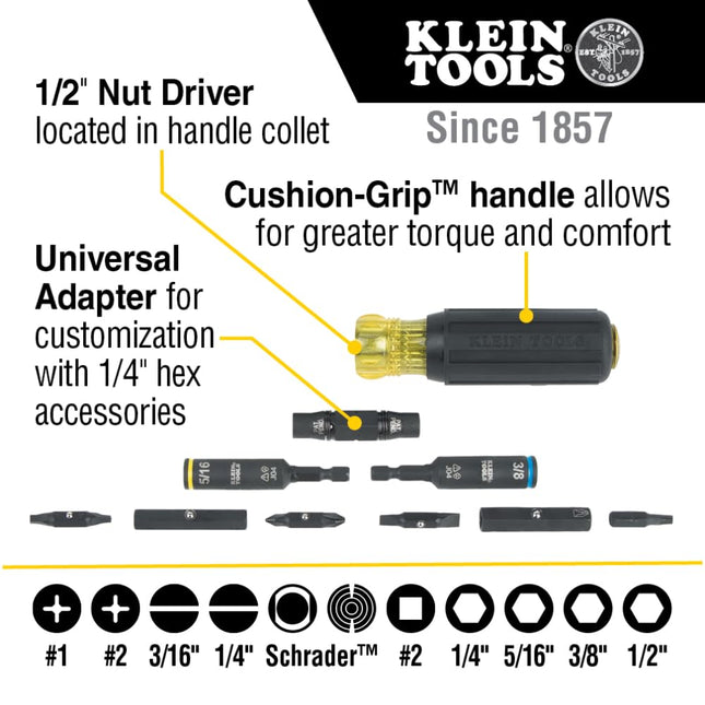 Klein Tools 32527HD KNECT 11-in-1 HVAC Multi-Bit Screwdriver/Nut Driver, Impact Rated with Phillips, Slotted, Square, and Schrader Bits