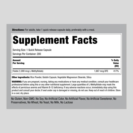 L-Methylfolate 1,000 mcg 200 Capsules