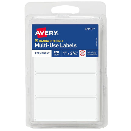 Etiquetas removibles multiuso Avery, etiquetas rectangulares de 2,54 cm x 6,98 cm, blancas, no imprimibles, 128 etiquetas por paquete, 36 paquetes, 4608 etiquetas en blanco en total (6113)