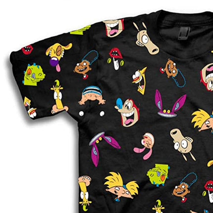Camiseta clásica de Nickelodeon de los 90 para hombre - Rugrats, Invader Zim, Ren & Stimpy, y Hey Arnold Vintage T-Shirt (Negro Estampado, Pequeña)