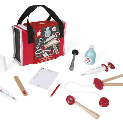Janod - Doctor's Suitcase for Children - 10 Solid Wood Accessories Included - Prentend Play Toy - For children from the Age of 3, J06513, Red