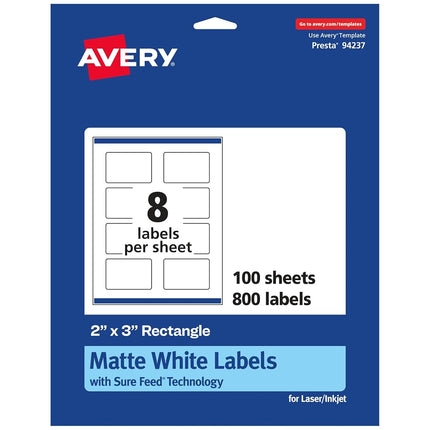 Avery Matte White Rectangle Labels with Sure Feed, 2" x 3", 800 Matte White Printable Labels