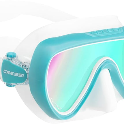 CRESSI since 1946 - Honey Compact Adult Mask Female Specific with Soft Silicone fit and Ultra Clear Lens for Bright, Wide Visibility - White/Aquamarine 420 Uv Blue/Orange Lens - One Size