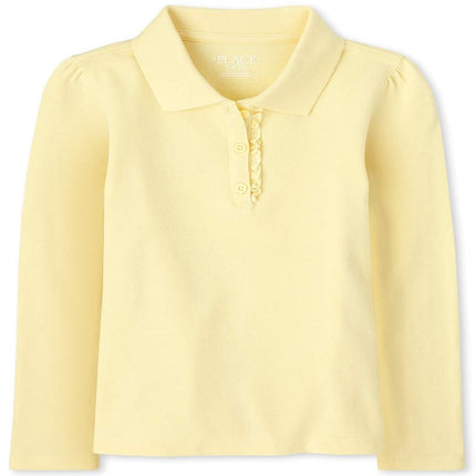 The Children's Place Girls' Long Sleeve Ruffle Pique Polo, Pale Yellow Single, Small