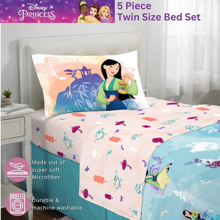 Juego de edredón y sábanas de microfibra supersuave de 4 piezas tamaño twin de Franco Disney Princess Mulan para niños (producto con licencia oficial)