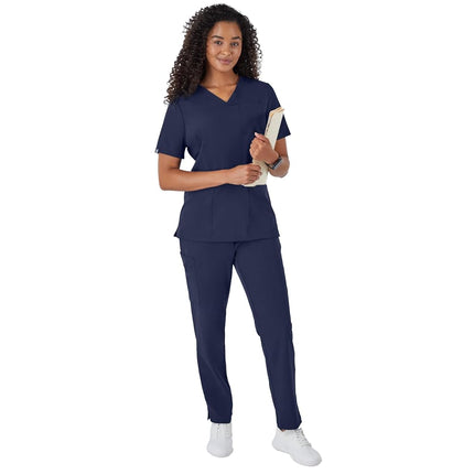 Hanes Women's Plus Size Healthcare Top, Moisture-Wicking Stretch Scrub Shirts, Ribbed Back Panel, Athletic Navy, Medium