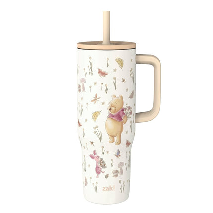 Zak Designs Disney Winnie The Pooh Sutton Travel Tumbler for On The Go, 30oz Stainless Steel with Vacuum Insulation, Silicone Straw, and Carry Handle for Cold Drinks (Pooh and Friends)