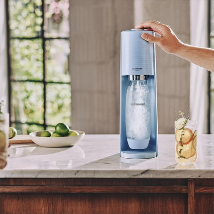 Sodastream - Terra Misty Blue Plastic Sparkling Water Maker with Lime Bubly Drop, Quick Connect CO2, Eco-Friendly Reusable Bottle, Stylish Kitchen Appliance