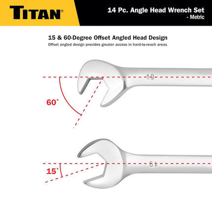 Titan 17284 14-Piece Metric Angle Head Open End Wrench Set
