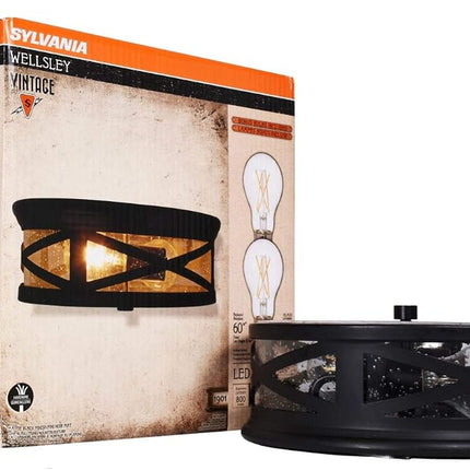 Sylvania 60063 Wellesly Seed Drum Light Vintage Fixture, LED, Flush Mount, Dimmable Bulb Included, Antique Black