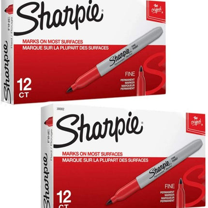Marcador permanente Sharpie 30002 de punta fina (paquete de 2), marca en papel y plástico, resistente a la decoloración y al agua, certificado AP, color rojo, 12 marcadores por caja, paquete de 2 cajas, 24 marcadores en total