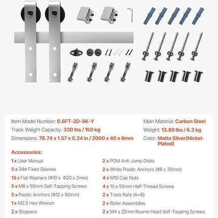 VEVOR 6.6FT Sliding Barn Door Hardware Kit, 330 LBS Weight Capacity, Compatible with 36 to 40 Inches Width & 1-3/8 to 1-3/4 Inches Thickness Single Sliding Barn Door, Durable Track & J-Shape Roller