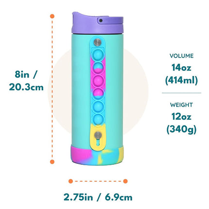 Elemental Iconic Kids Water Bottle - Leak Proof Insulated Water Bottle with Straw Lid & Stress Relief Pop It Handle - Stainless Steel Triple Wall Bottle for School, BPA-Free, 414ml - Blue Tie Dye