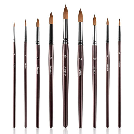 Fuumuui 9pcs Detail to Mop Kolinsky Sable Brushes - Round Pointed Professional Watercolor, Gouache, Acrylic, Oil Painting Brushes - Brown Wooden Handles