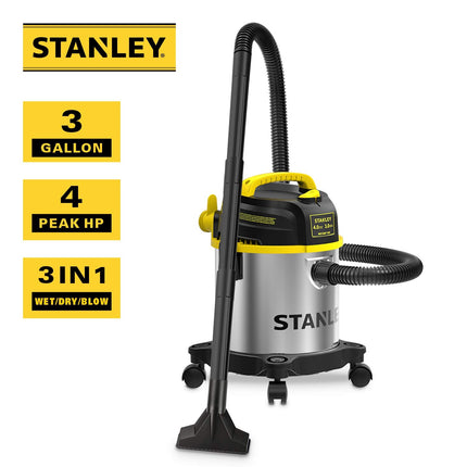 STANLEY Aspiradora húmeda/seca de 3 galones, potente motor de 4 HP de pico, aspiradora industrial multifuncional 3 en 1 portátil de acero inoxidable con soplador, Modelo: SL18136