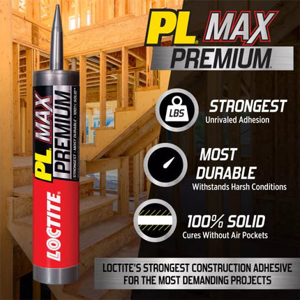 Loctite PL Premium Max Construction Adhesive, Versatile Construction Glue for Wood, Concrete, Stone & More - 9 fl oz Cartridge, Pack of 12
