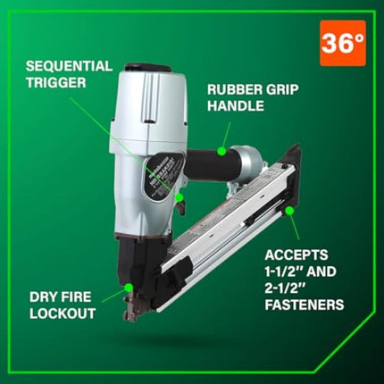 Metabo HPT Metal Connector Nailer | Pro Preferred Brand of Pneumatic Nailers | 36 Degree Short Magazine | Accepts 1-1/2-Inch to 2-1/2 Nails | Ideal for Fastening Metal Connectors to Wood | NR65AK2S