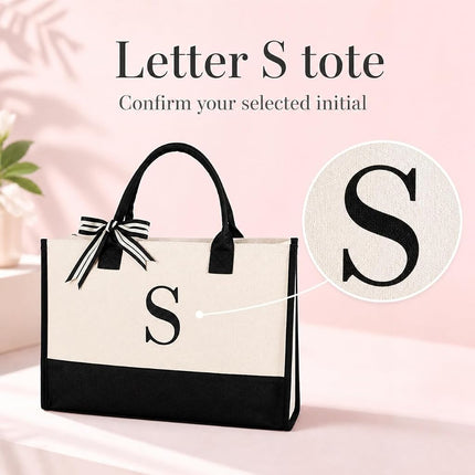 Mud Pie Classic Black and White Initial Canvas Tote Bags (C), 100% Cotton, 17" x 19" x 2"