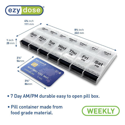 EZY DOSE Push Button (7-Day) Pill Case, Medicine Planner, Vitamin Organizer, 2 Times a Day AM/PM, Large Compartments, Arthritis Friendly, Clear Lids, Clear/Black, BPA Free